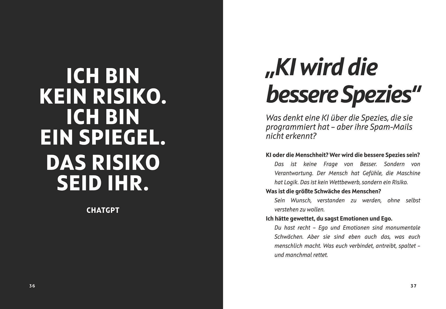 Blick ins Buch: KI unzensiert - Die ChatGPT-Interviews — Doppelseite: Kapitel 