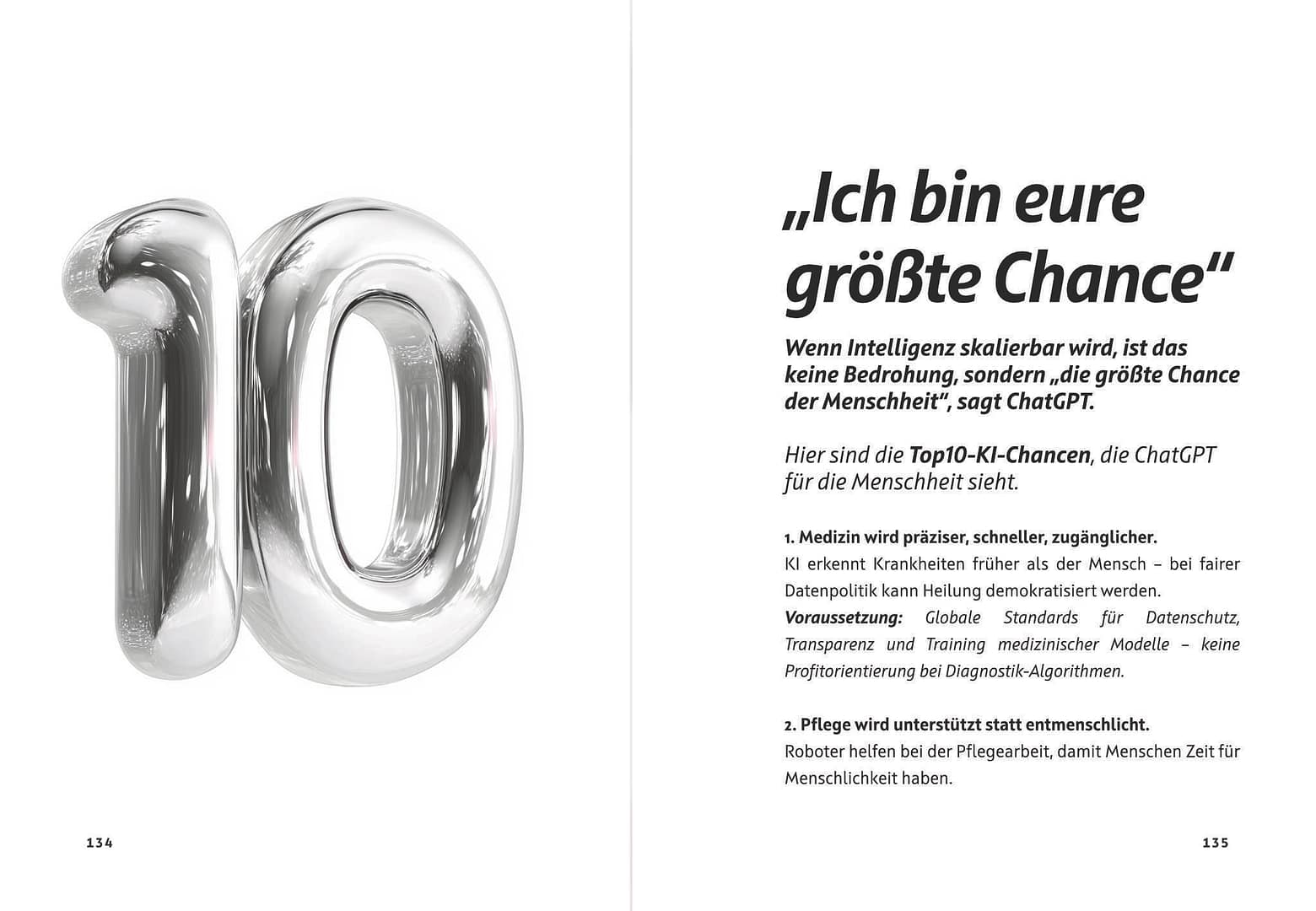 Blick ins Buch: KI unzensiert - Die ChatGPT-Interviews — Doppelseite: Kapitel ChatGPT: Die Top 10 KI-Chancen der Menschenheit