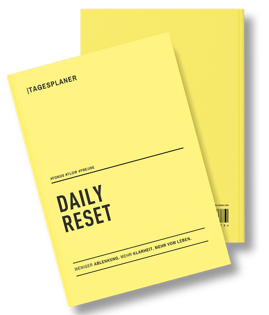 Reset Tagesplaner für Fokus Klarheit und weniger Bildschirmzeit ©Anitra Eggler 3D-Buchcover des Planers Daily Reset von Anitra Eggler – analoges Upgrade für den digitalen Alltag – Tagesplaner für mehr Fokus, Klarheit, bewusste Bildschirmzeit und tägliche Ausrichtung mit dem 1-2-3-To-Do-Prinzip.
