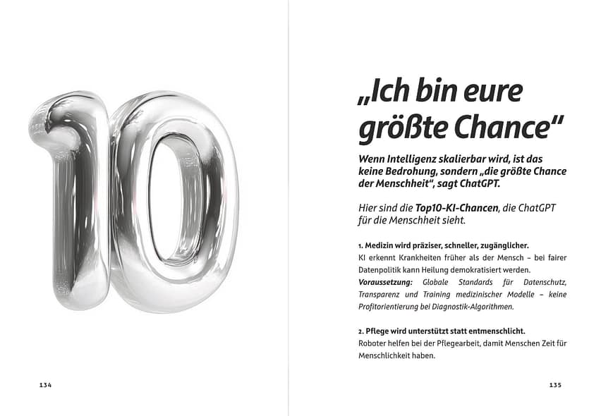 Blick ins Buch: KI unzensiert - Die ChatGPT-Interviews — Doppelseite: Kapitel ChatGPT: Die Top 10 KI-Chancen der Menschenheit
