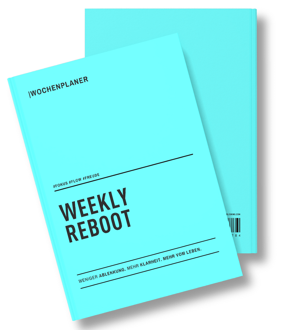 3D-Buchcover des Planers Weekly Reboot von Anitra Eggler – Wochenplaner für smarte Struktur, Zielorientierung, Energie-Management und bewusste Erholung – handschriftlich oder digital nutzbar.